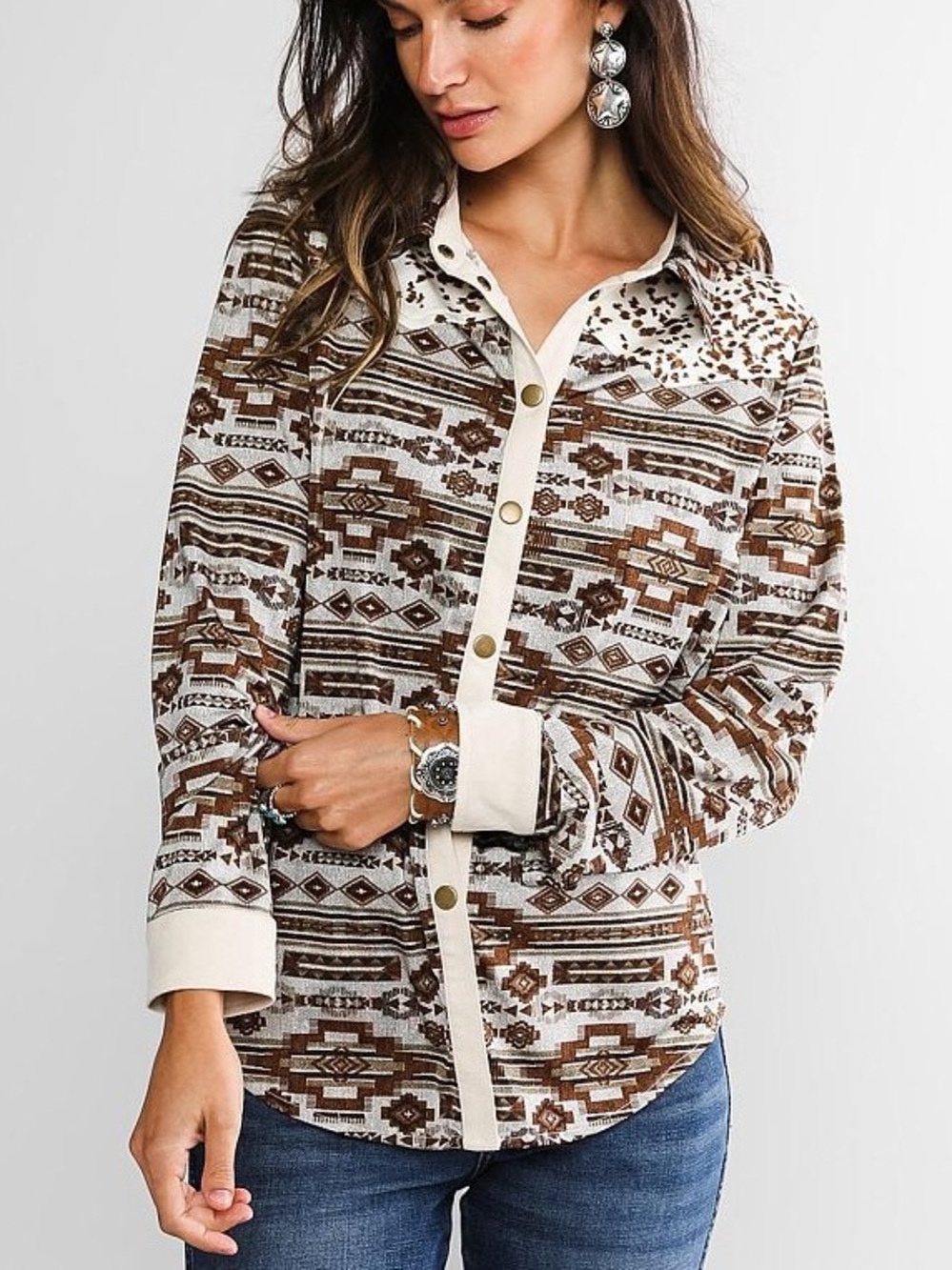Sterling & Stitch Cream Brown Aztec Knit Shirt XL Button Down Western Cow Print